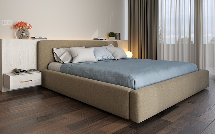 postelja, rjava tkanina, mehka in zaobljena