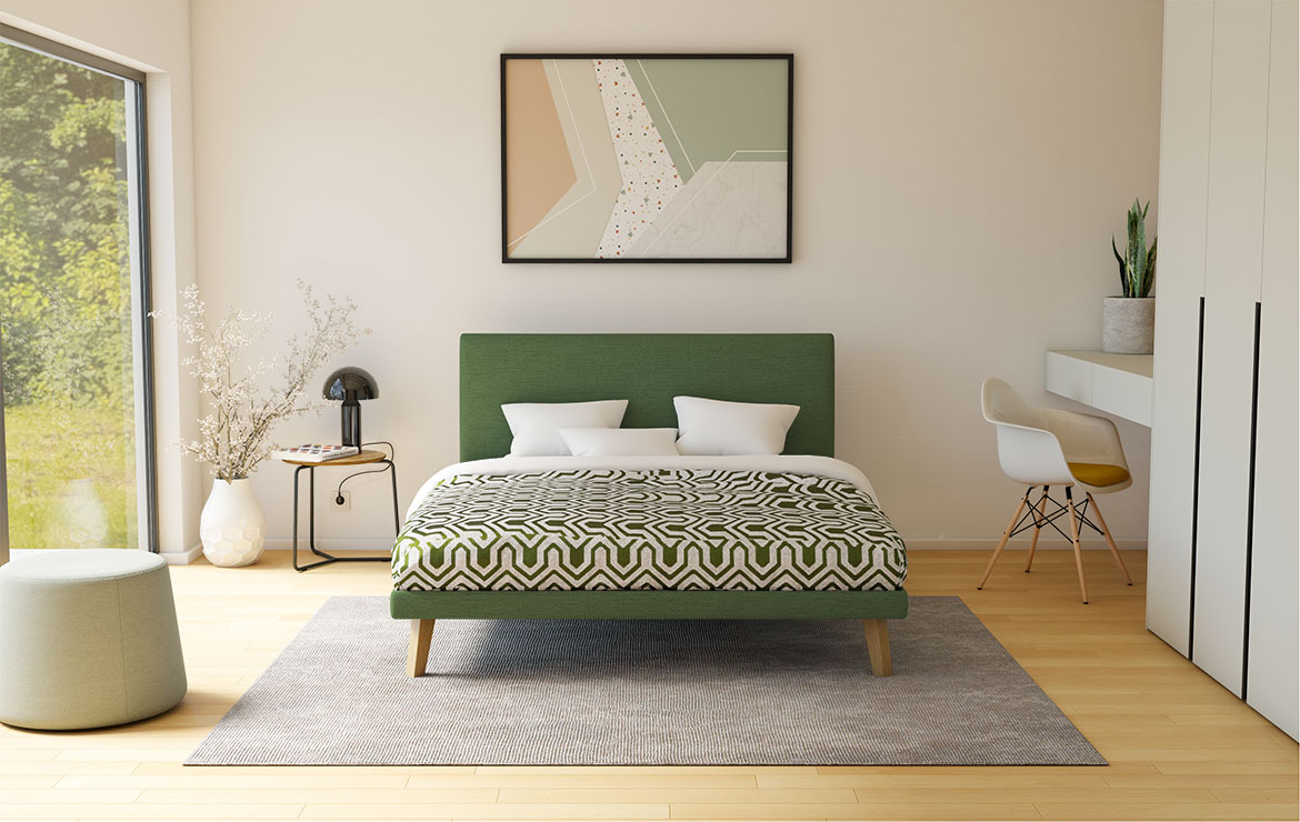 Postelja KORA v zeleni tkanini postelja, zelena tkanina, zračna, dvignjene noge