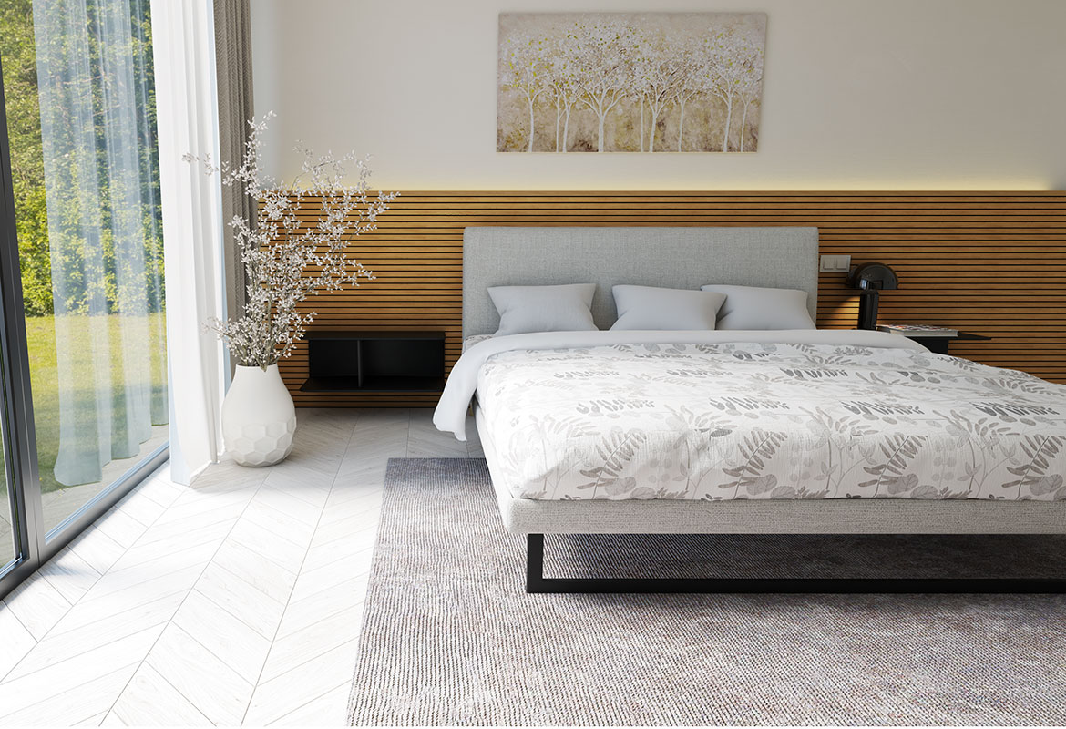 Postelja KORA v sivi tkanini postelja, siva tkanina, zračna, dvignjene noge