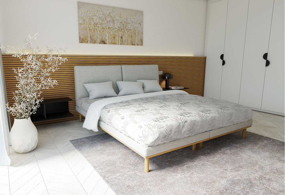 Postelja KORA v sivi tkanini postelja, siva tkanina, zračna, dvignjene noge